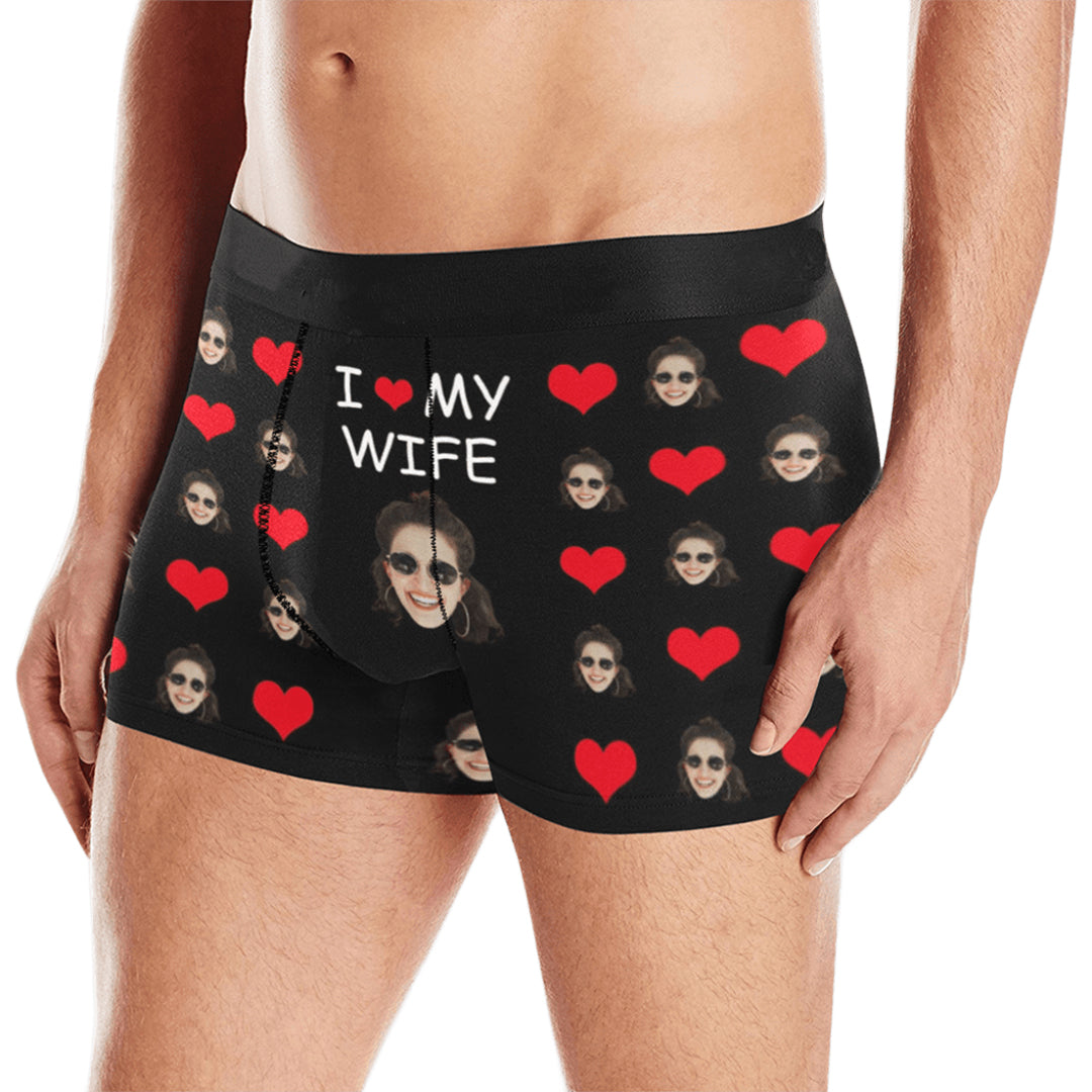 Custom I Love My Wife Face Underwear | Personalized Photo Men's Boxer Briefs For Birthday Gifts