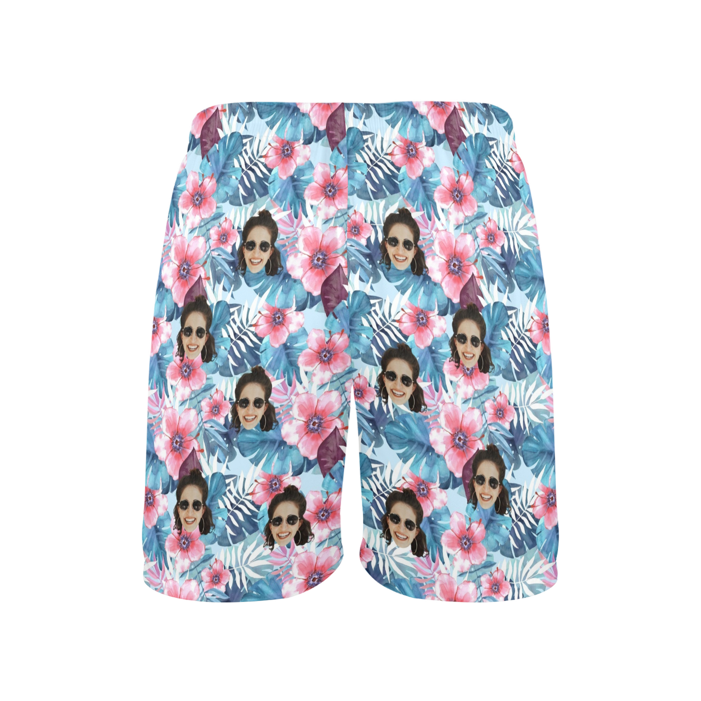 Custom Face Blue Leaves Beach Shorts | Personalized Photo Men's Elastic Swim Trunks For Boat Trip