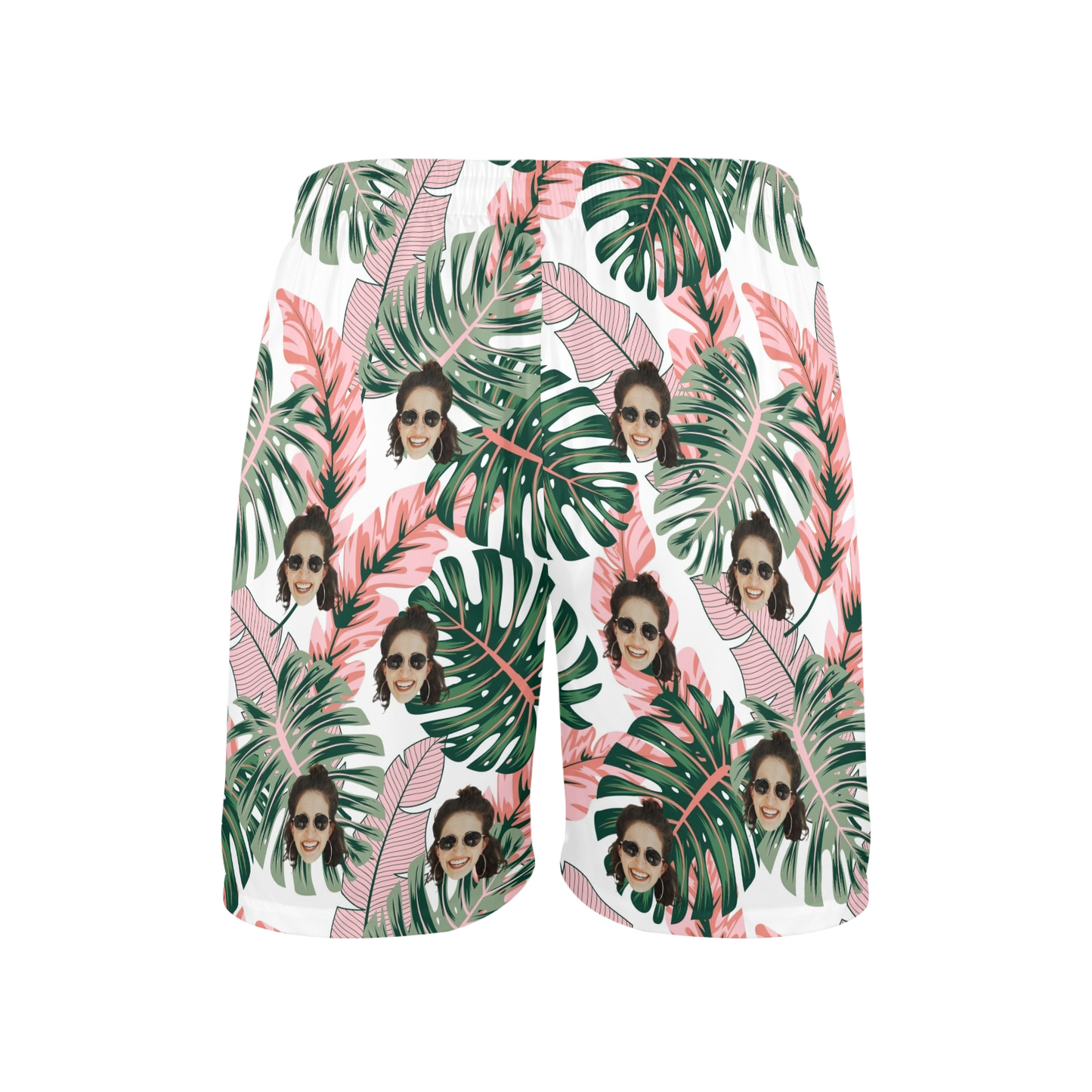 Custom Face Pink Plantain Leaves Beach Shorts | Personalized Photo Men's Elastic Swim Trunks Vacation Party Gift