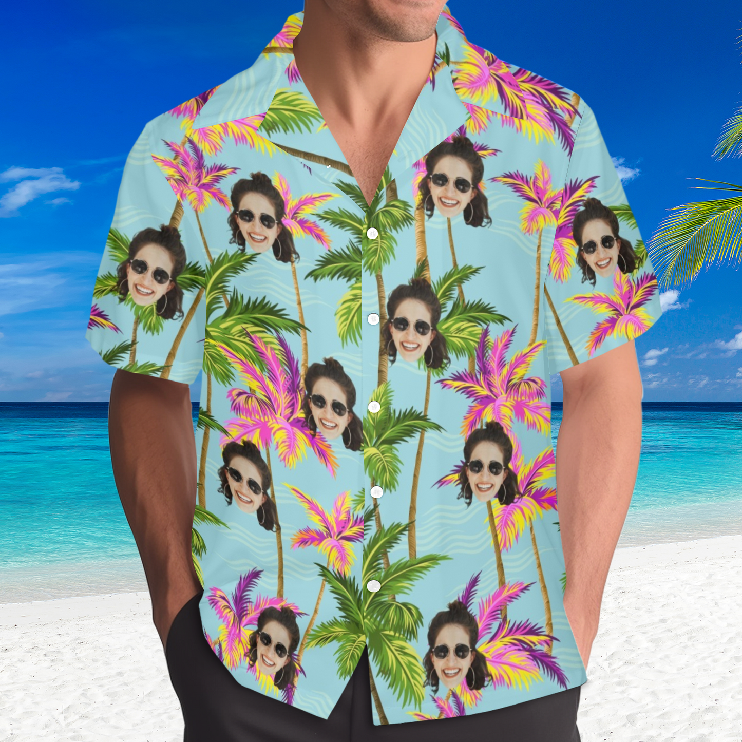 Custom Face Purple&Green Coconut Tree Hawaiian Shirt | Personalized Tropical Aloha Shirt For Float Trip