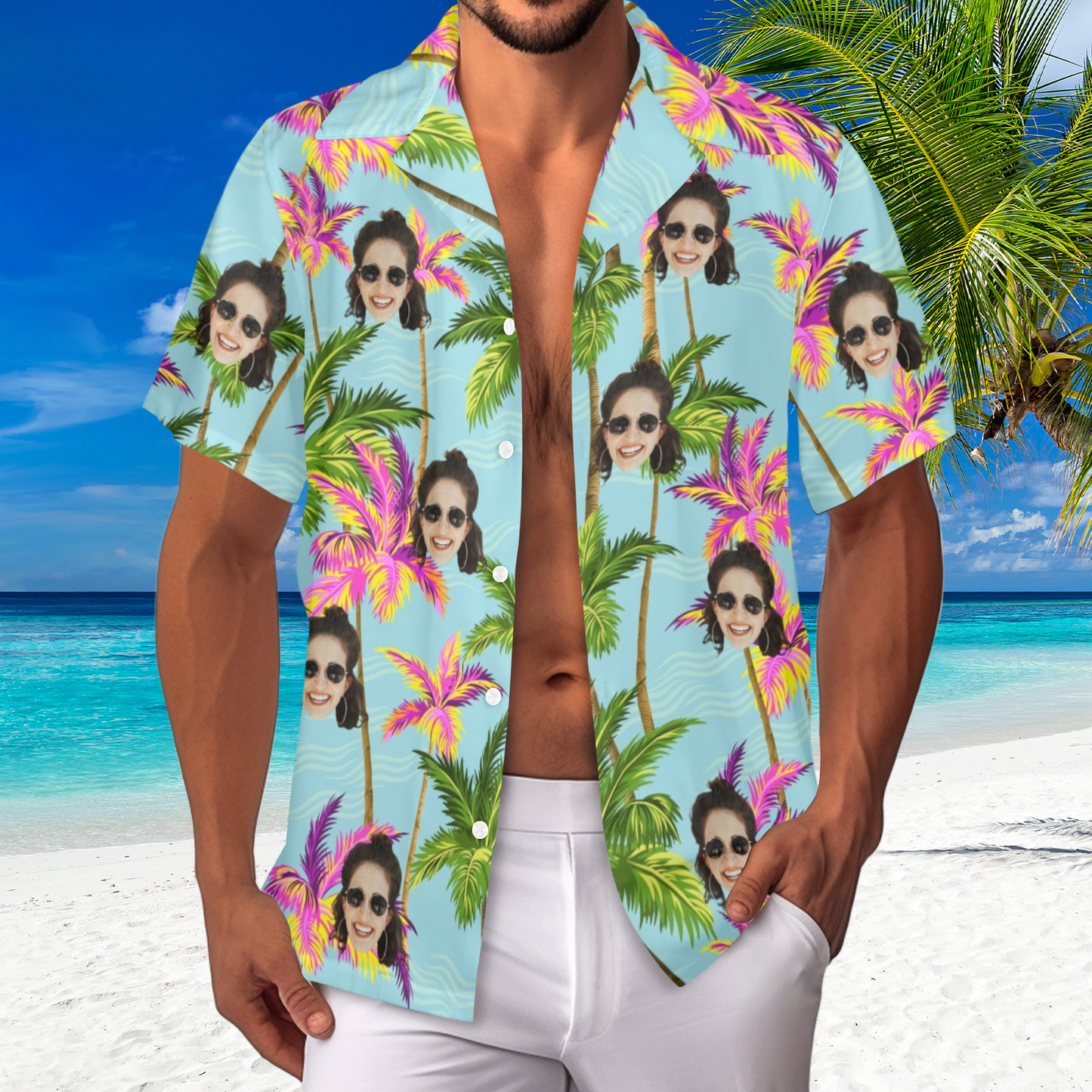 Custom Face Purple&Green Coconut Tree Hawaiian Shirt | Personalized Tropical Aloha Shirt For Float Trip