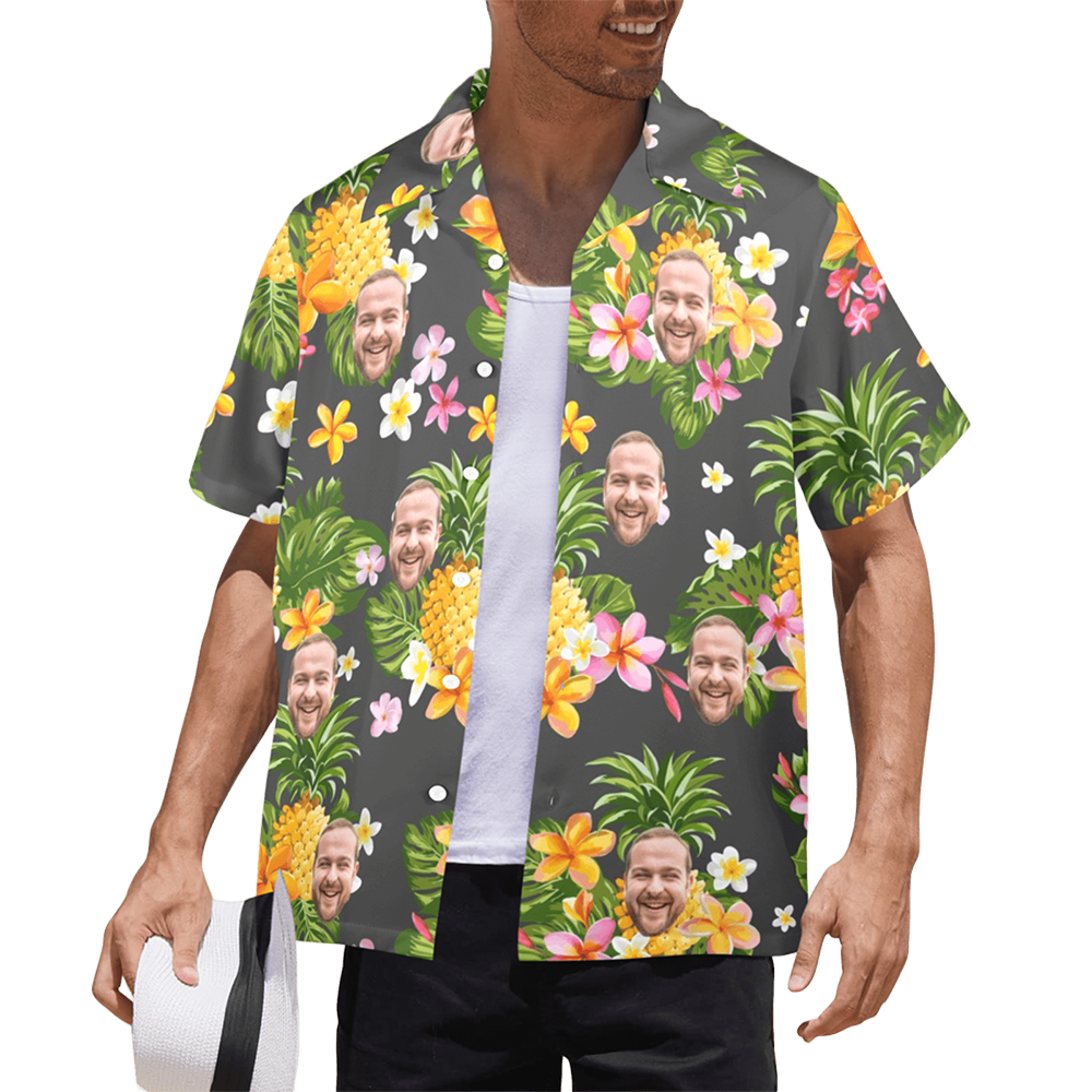 Custom Face Yellow Pineapple Flowers Hawaiian Shirt | Personalized Tropical Aloha Shirt For Bachelorette Party