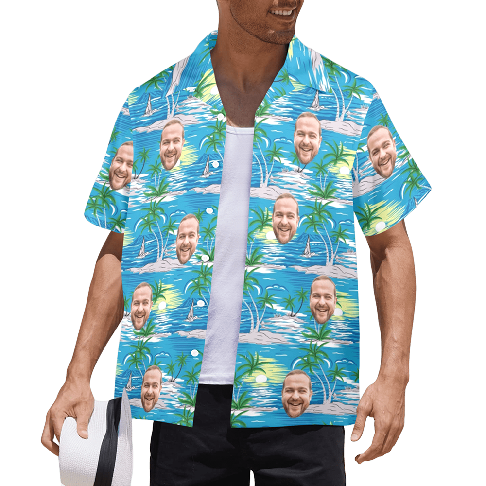 Custom Face Blue Sea&Island Hawaiian Shirt | Personalized Tropical Aloha Shirt For Vacation/Holiday