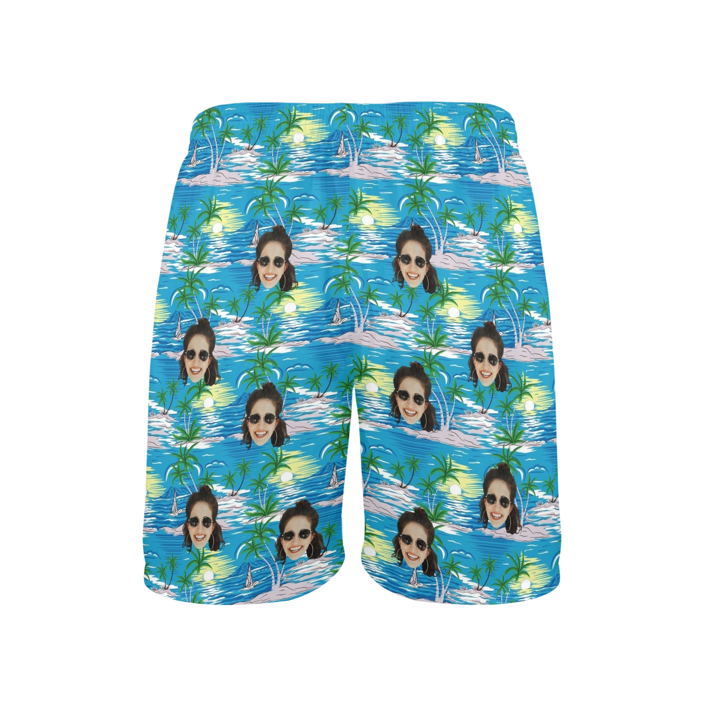 Custom Face Blue Sea And Island Beach Shorts | Personalized Photo Men's Elastic Swim Trunks For Husband