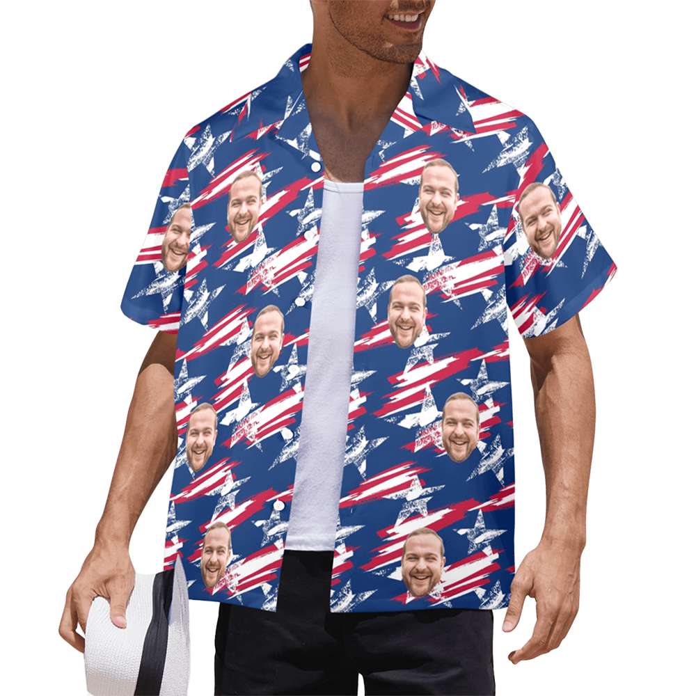 Custom Face Vintage USA Flag Hawaiian Shirt | Personalized Tropical Aloha Shirt Independence Day Party