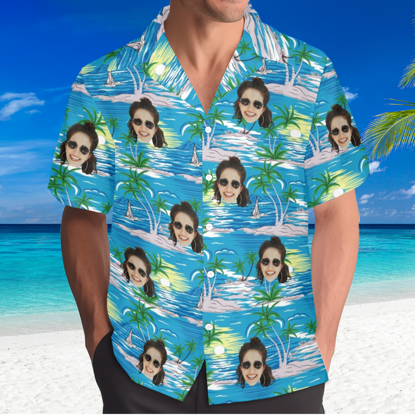 Custom Face Blue Sea&Island Hawaiian Shirt | Personalized Tropical Aloha Shirt For Vacation/Holiday
