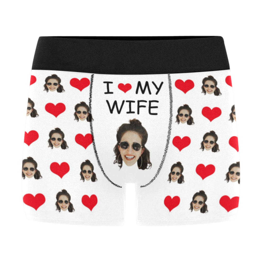 Custom I Love My Wife Face Underwear | Personalized Photo Men's Boxer Briefs For Birthday Gifts