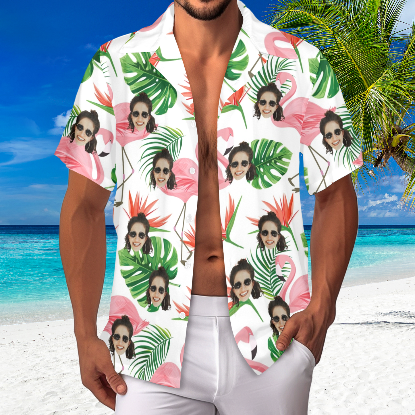 Custom Face Pink Flamingo Hawaiian Shirt | Personalized Tropical Aloha Shirt Vacation Party