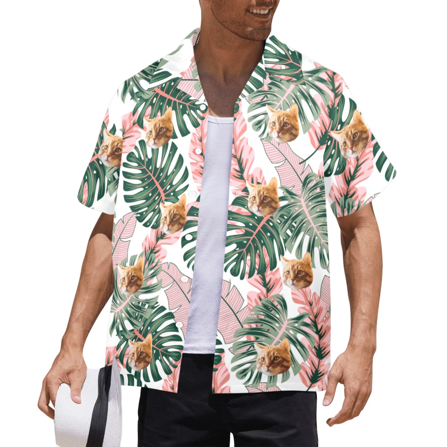 Custom Face Pink Plantain Leaves Hawaiian Shirt | Personalized Tropical Aloha Shirt Birthday Party Gift