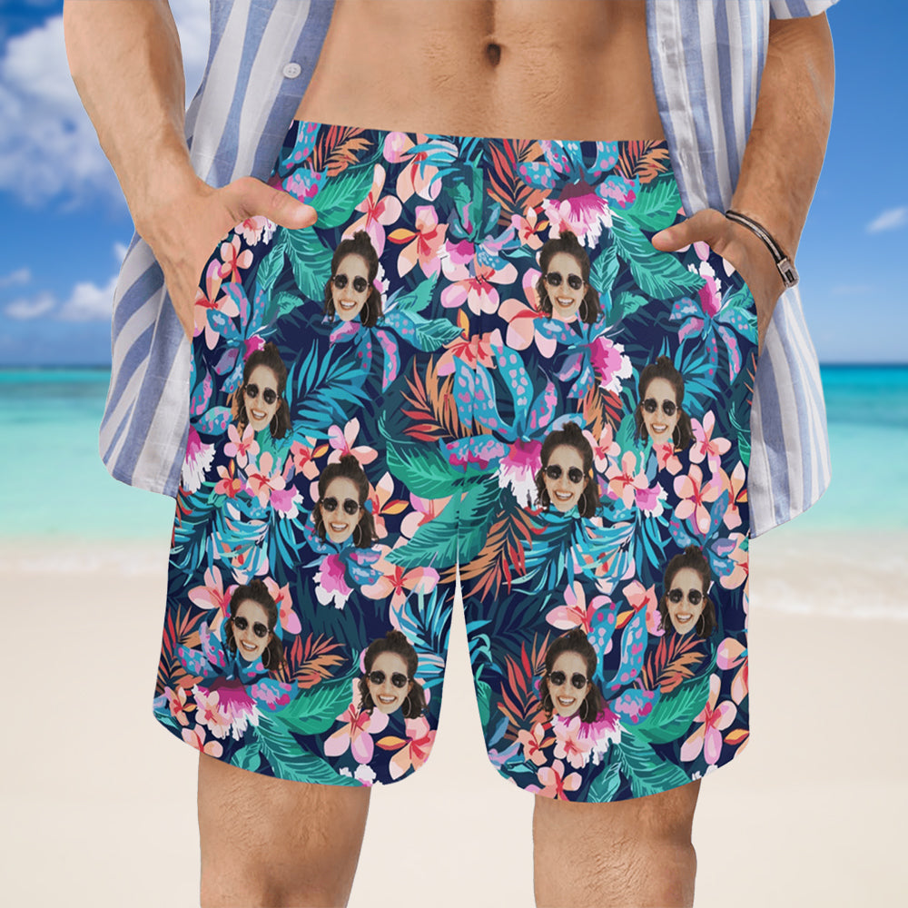 Custom Face Sea Flower Beach Shorts | Personalized Photo Men's Elastic Swim Trunks Vacation Party