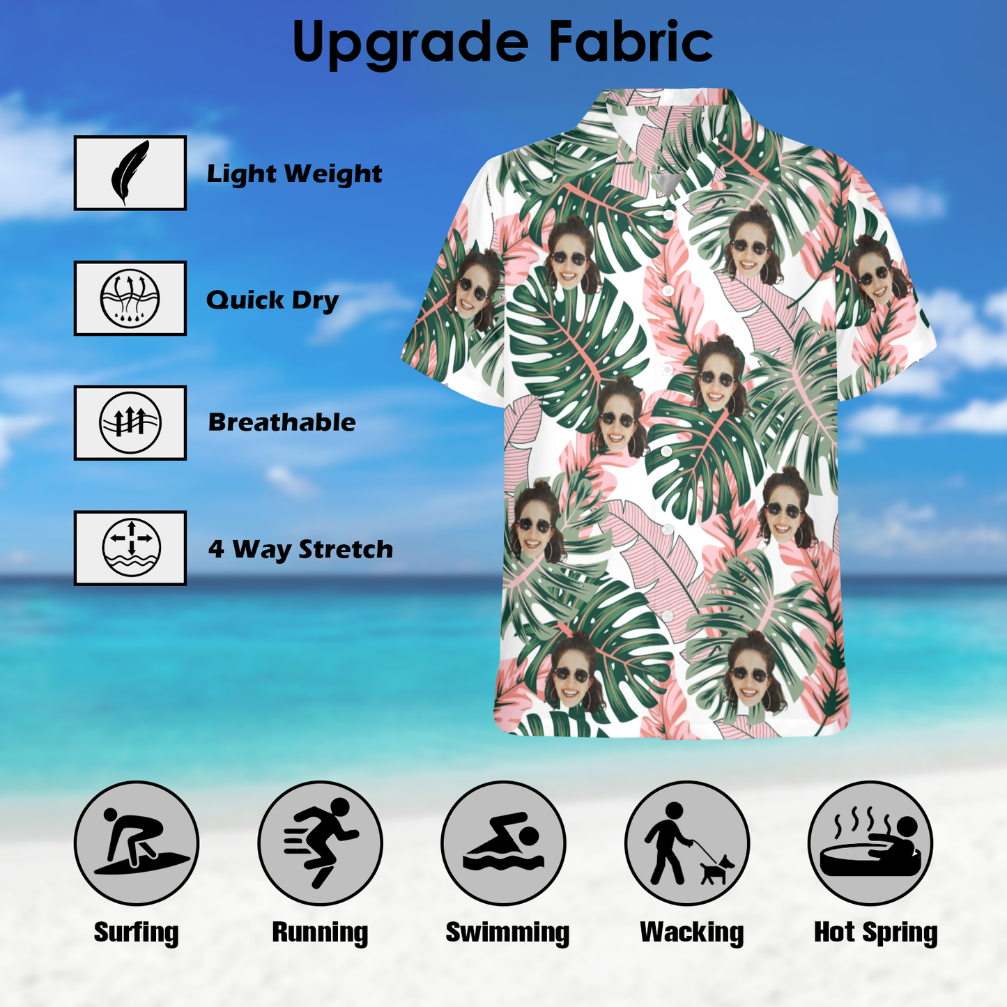 Custom Face Pink Plantain Leaves Hawaiian Shirt | Personalized Tropical Aloha Shirt Birthday Party Gift