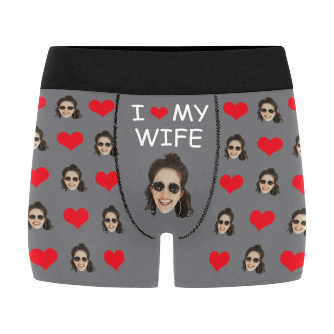 Custom I Love My Wife Face Underwear | Personalized Photo Men's Boxer Briefs For Birthday Gifts