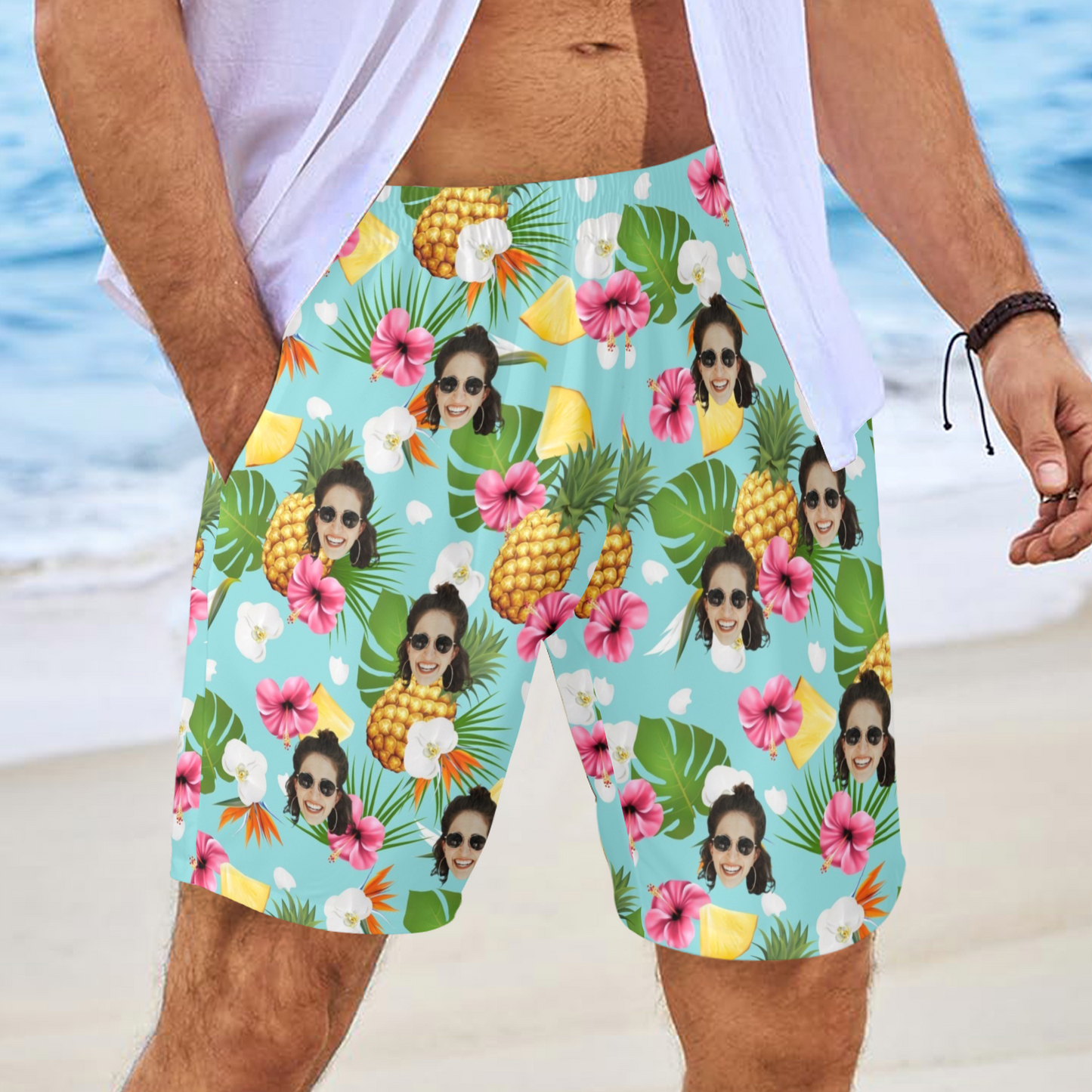 Custom Face Pineapple Flowers Beach Shorts | Personalized Photo Men's Elastic Swim Trunks Anniversary Gift