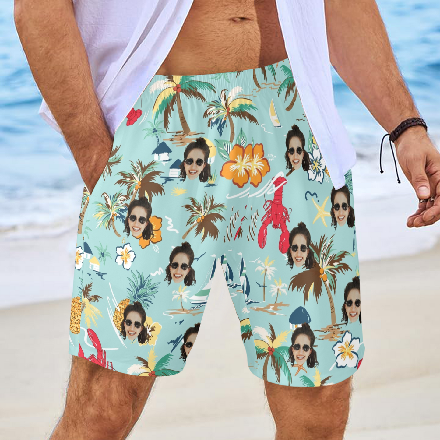 Custom Face Tropical Lobster Beach Shorts | Personalized Photo Men's Elastic Swim Trunks Father's Day Gift