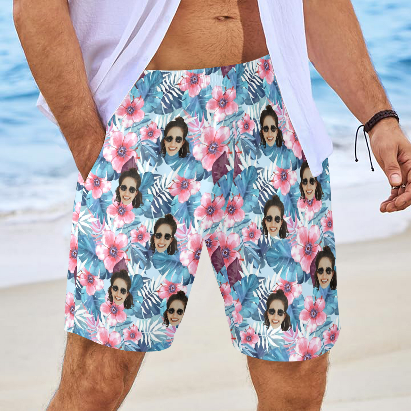 Custom Face Blue Leaves Beach Shorts | Personalized Photo Men's Elastic Swim Trunks For Boat Trip