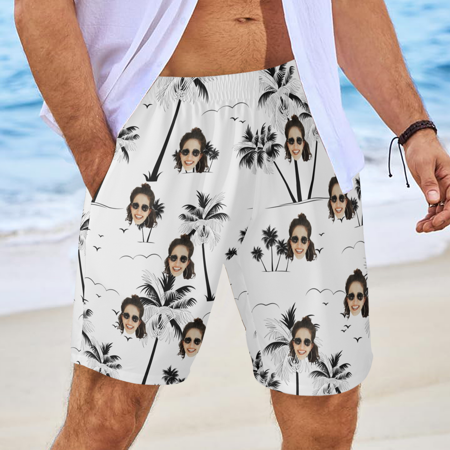 Custom Face Coconut Tree Beach Shorts | Personalized Photo Men's Elastic Swim Trunks For Traveling