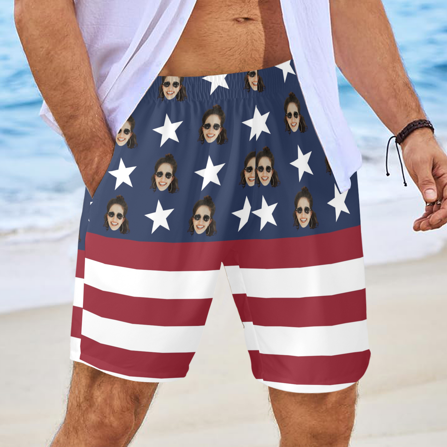 Custom Face National Flag Beach Shorts | Personalized Photo Men's Elastic Swim Trunks For Memorial Day