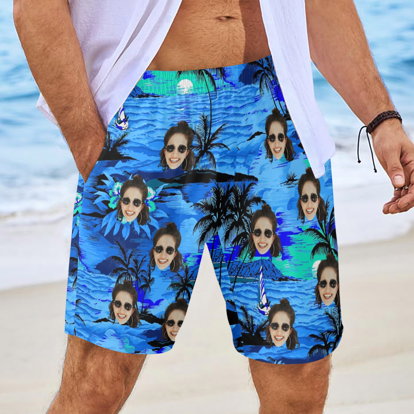Custom Face Blue Island Beach Shorts | Personalized Photo Men's Elastic Swim Trunks For Vacation