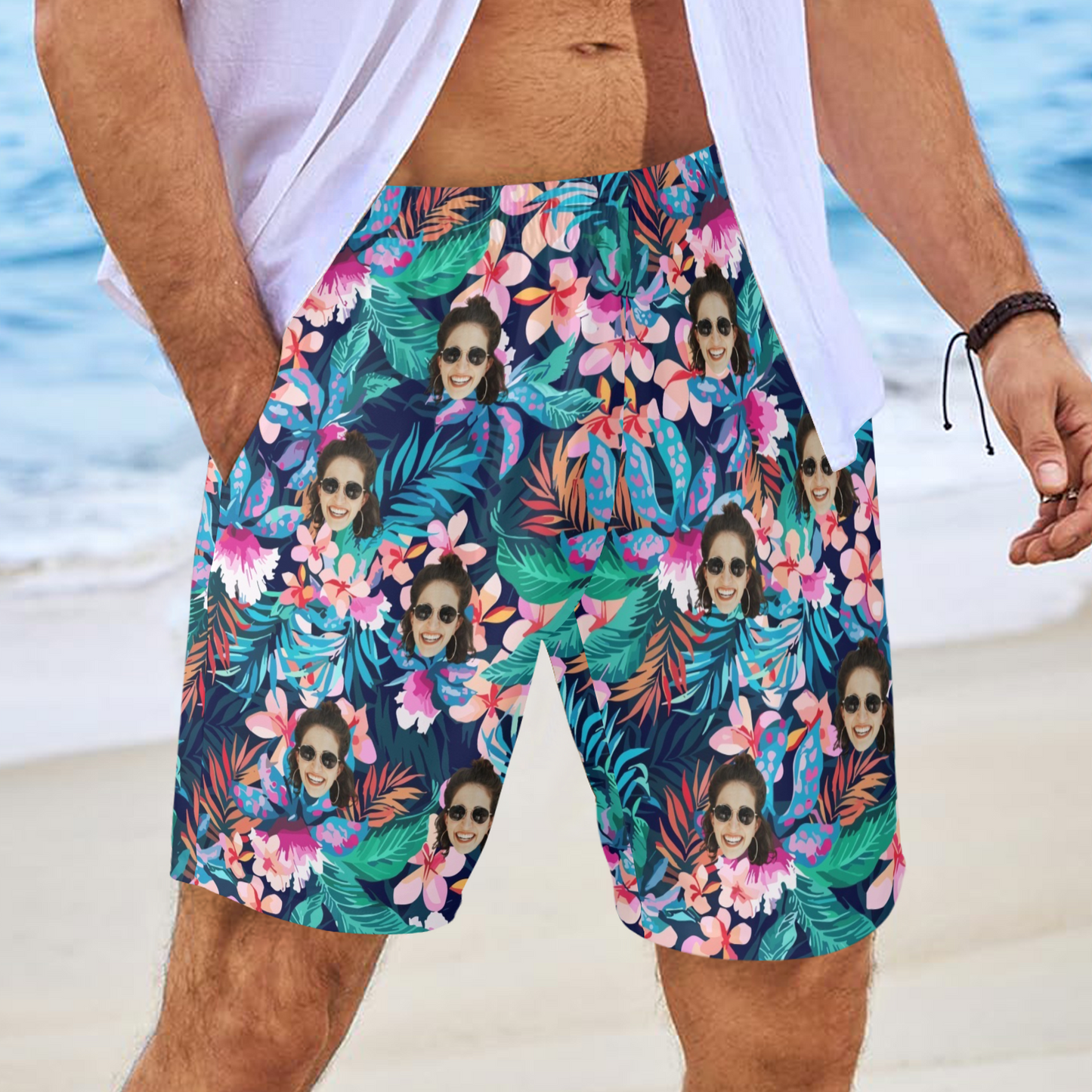 Custom Face Sea Flower Beach Shorts | Personalized Photo Men's Elastic Swim Trunks Vacation Party