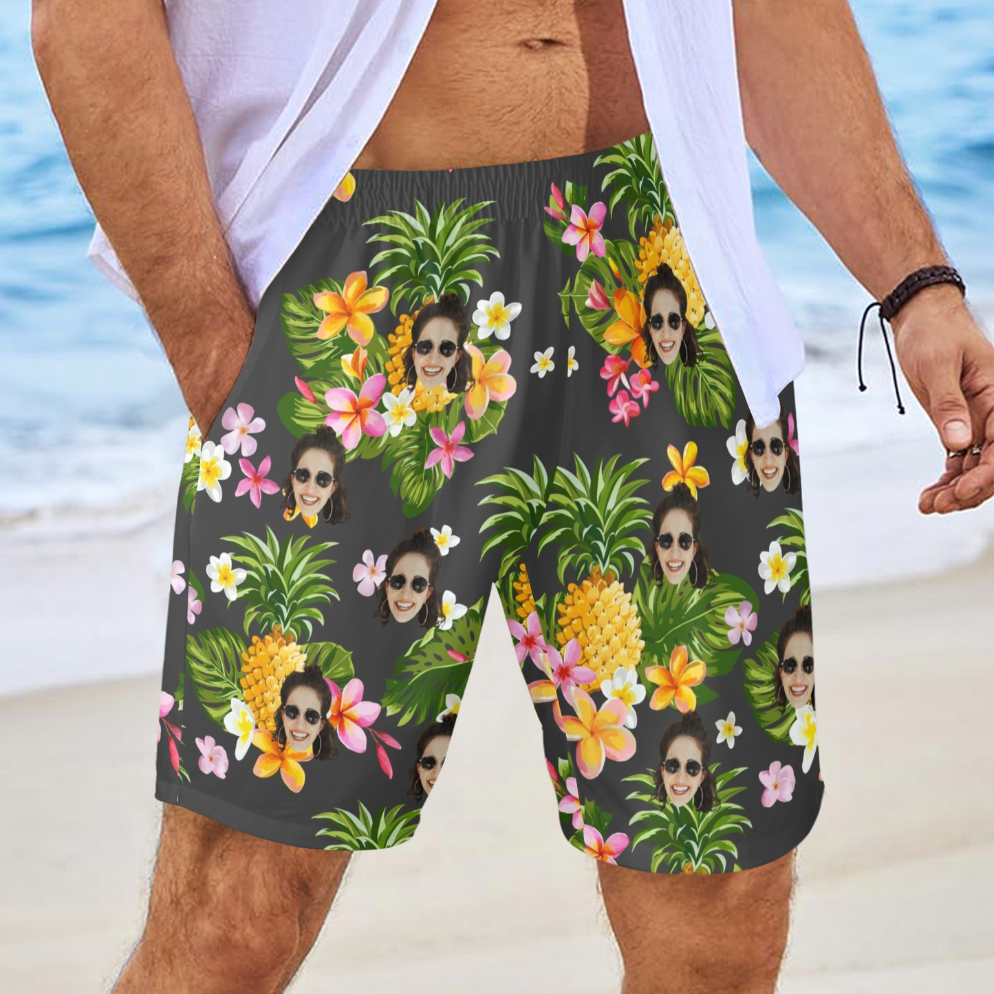 Custom Face Yellow Pineapple Beach Shorts | Personalized Photo Men's Elastic Swim Trunks Beach Trip