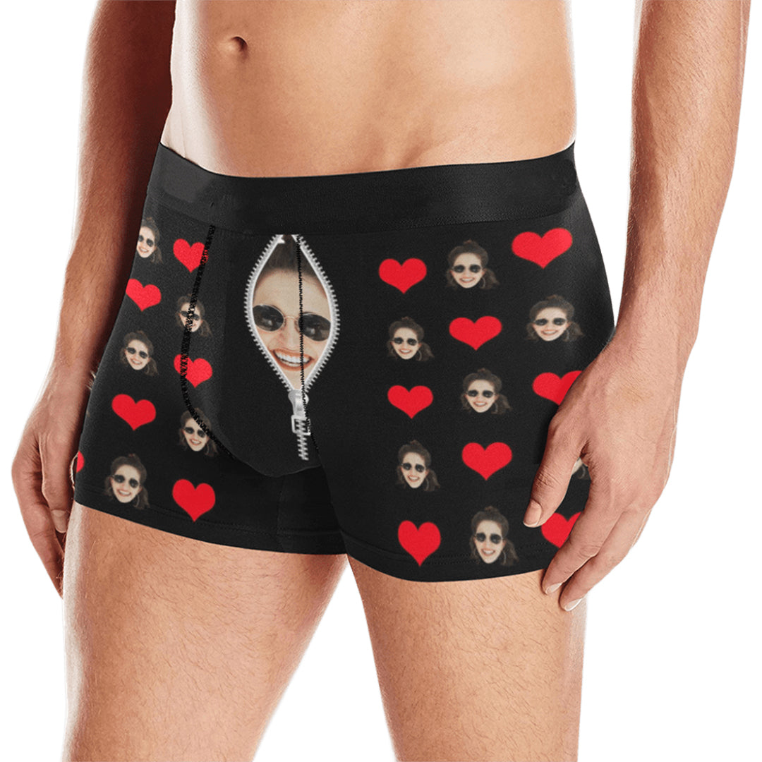 Custom Face Zip Heart Underwear | Personalized Photo Men's Boxer Briefs For Birthday/Christmas Gifts