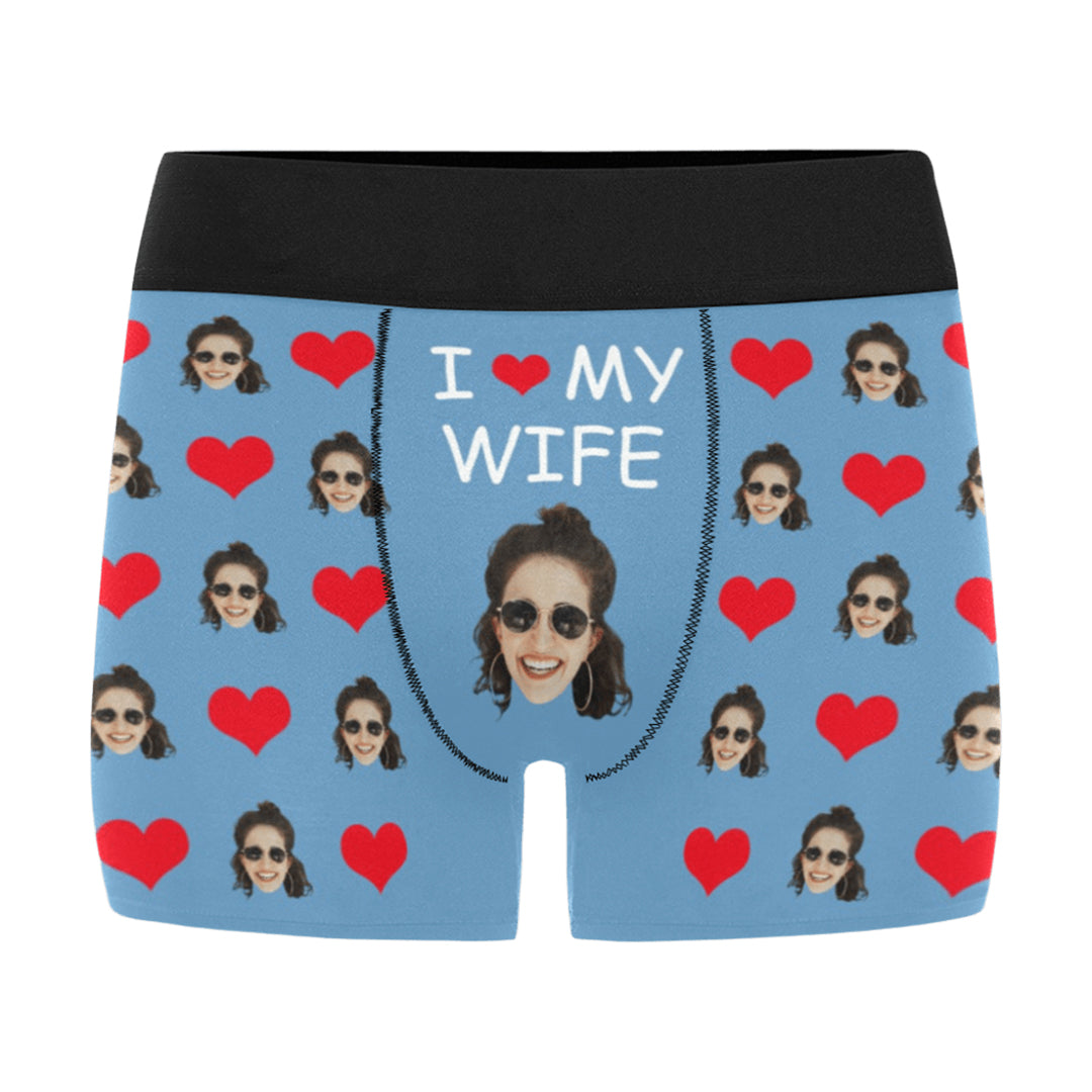 Custom I Love My Wife Face Underwear | Personalized Photo Men's Boxer Briefs For Birthday Gifts