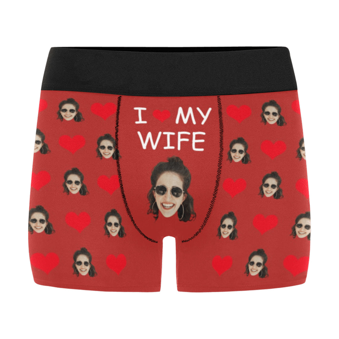 Custom I Love My Wife Face Underwear | Personalized Photo Men's Boxer Briefs For Birthday Gifts