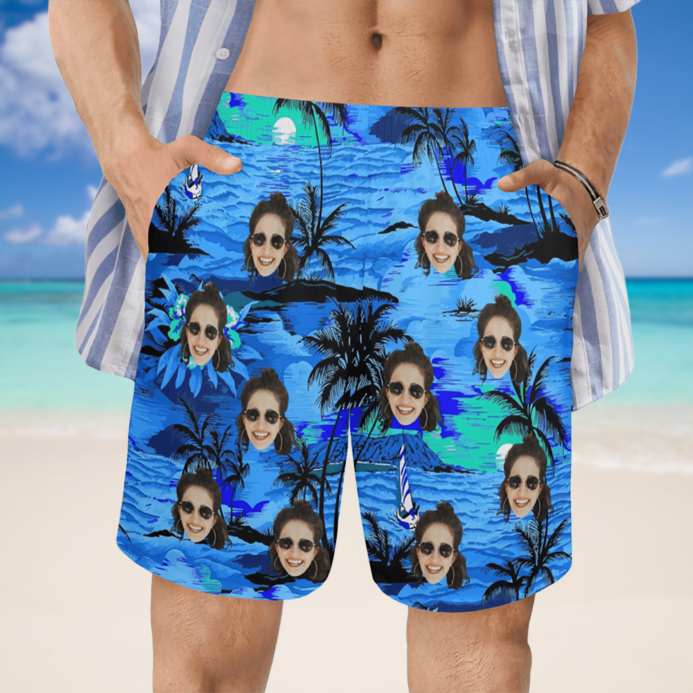 Custom Face Blue Island Beach Shorts | Personalized Photo Men's Elastic Swim Trunks For Vacation