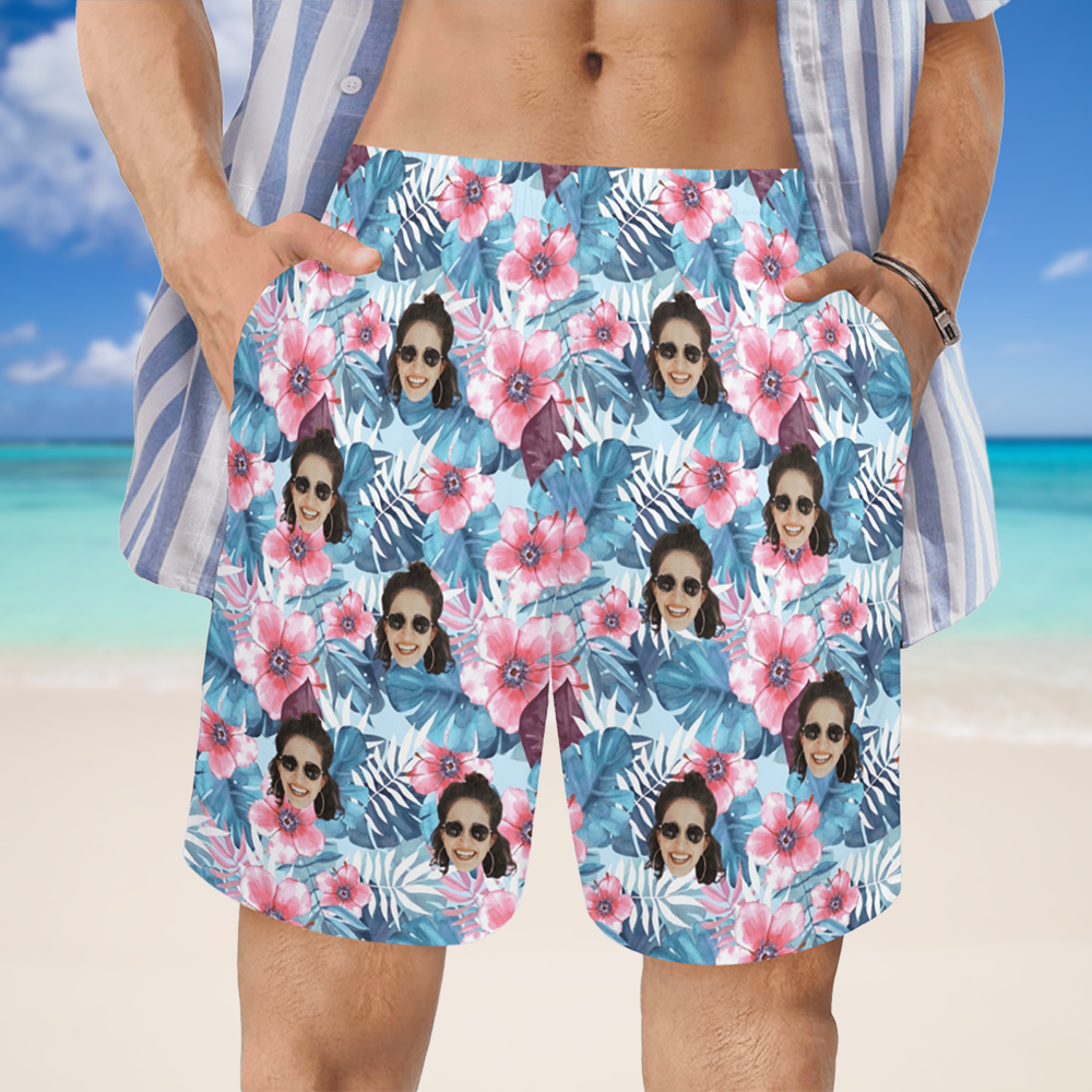 Custom Face Blue Leaves Beach Shorts | Personalized Photo Men's Elastic Swim Trunks For Boat Trip