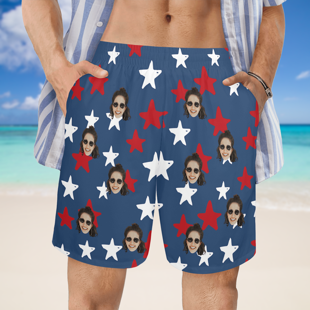 Custom Flag Stars Face Beach Shorts | Personalized Photo Men's Elastic Swim Trunks 4th Of July