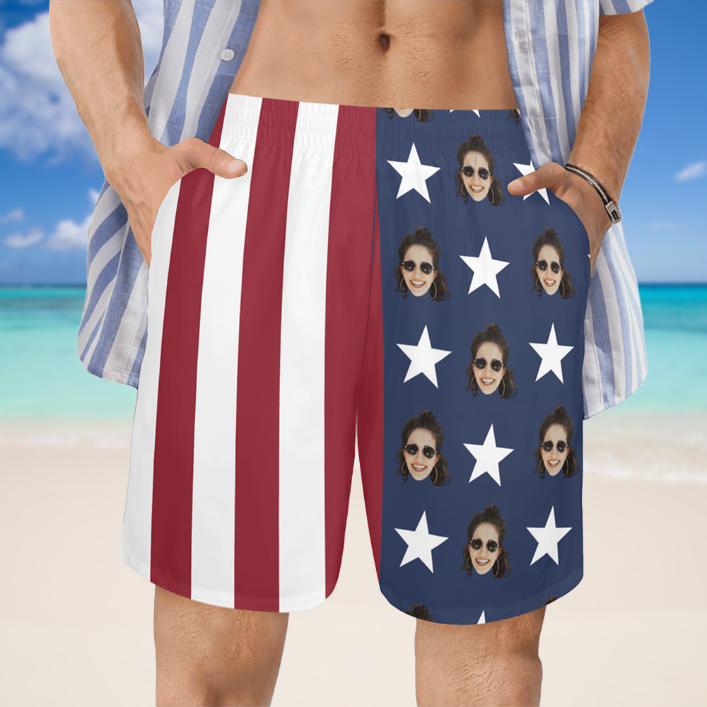 Custom Face American Flag Beach Shorts | Personalized Photo Men's Elastic Swim Trunks For Independence Day