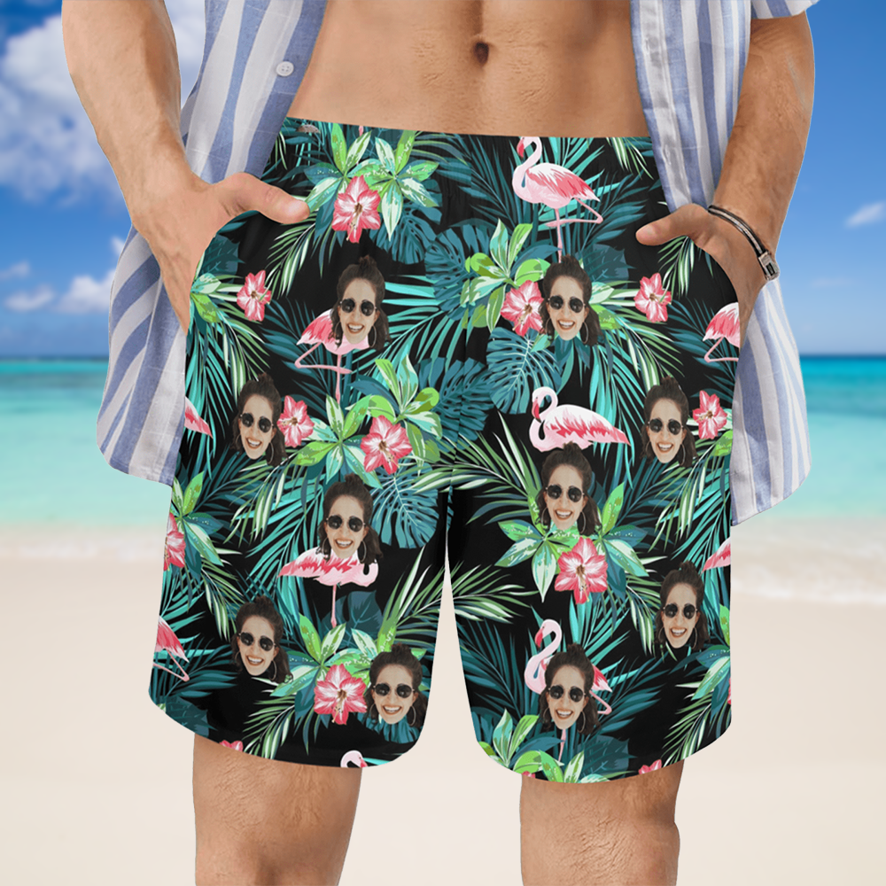 Custom Face Flamingo Beach Shorts | Personalized Photo Men's Elastic Swim Trunks For Summer Vacation