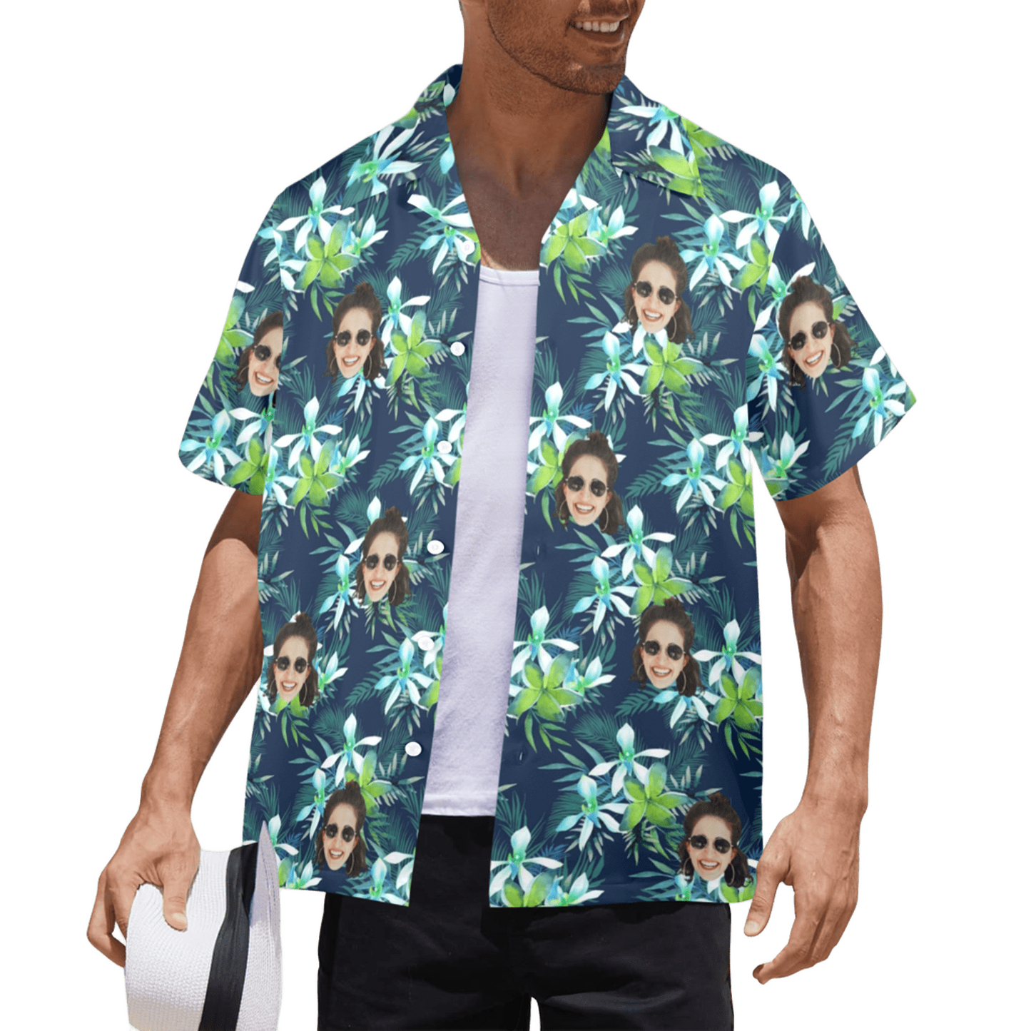 Custom Face Green Leaves Hawaiian Shirt | Personalized Tropical Aloha Shirt Birthday Party Gift
