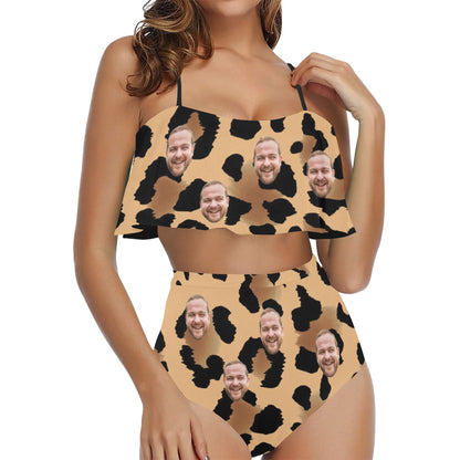 Custom Leopard Face Swimsuit | Unique Women's Two Piece High Waisted Ruffle Bikini Birthday Gifts