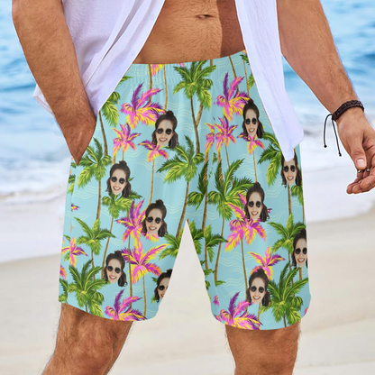 Custom Face Purple Coconut Tree Beach Shorts | Personalized Photo Men's Elastic Swim Trunks Cruise Trip