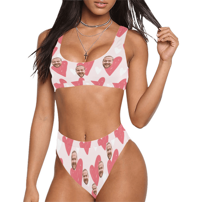 Custom Pink Heart Face Swimsuit | Unique Women's Scoop Neck Sport Top High Waisted Bikini For Honeymoon