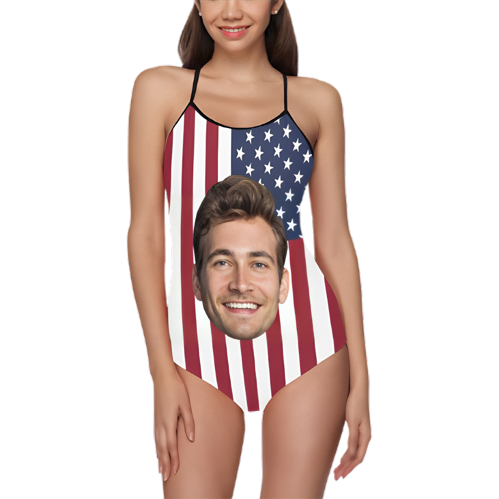 Custom Face USA Flag Swimsuit | Unique Women's Slip One-Piece Swimwear For Independence Day