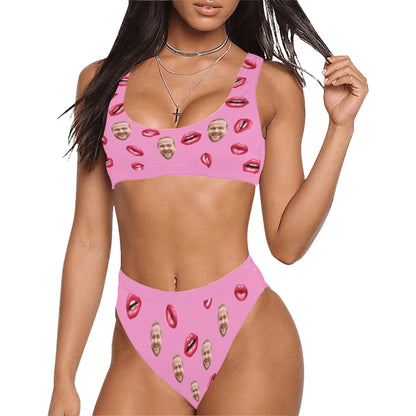 Custom Pink Lips Face Swimsuit | Personalized Women's Scoop Neck Sport Top High Waisted Bikini For Honeymoon/Anniversary