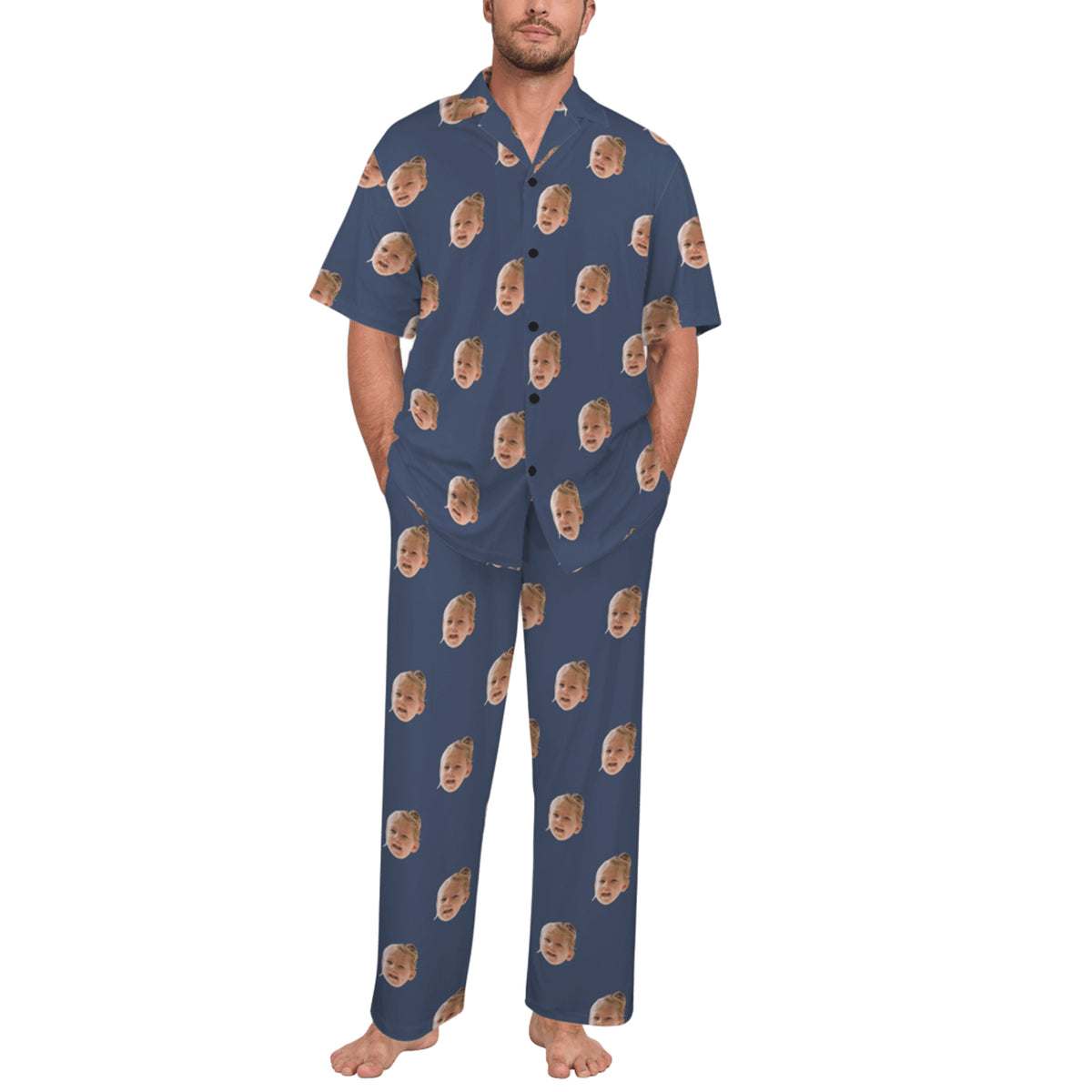 Custom Husband/Boyfriend Face Pajamas | Personalized Men's V-Neck Pajama Set Anniversary Gift