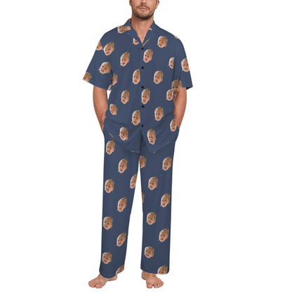 Custom Husband/Boyfriend Face Pajamas | Personalized Men's V-Neck Pajama Set Anniversary Gift