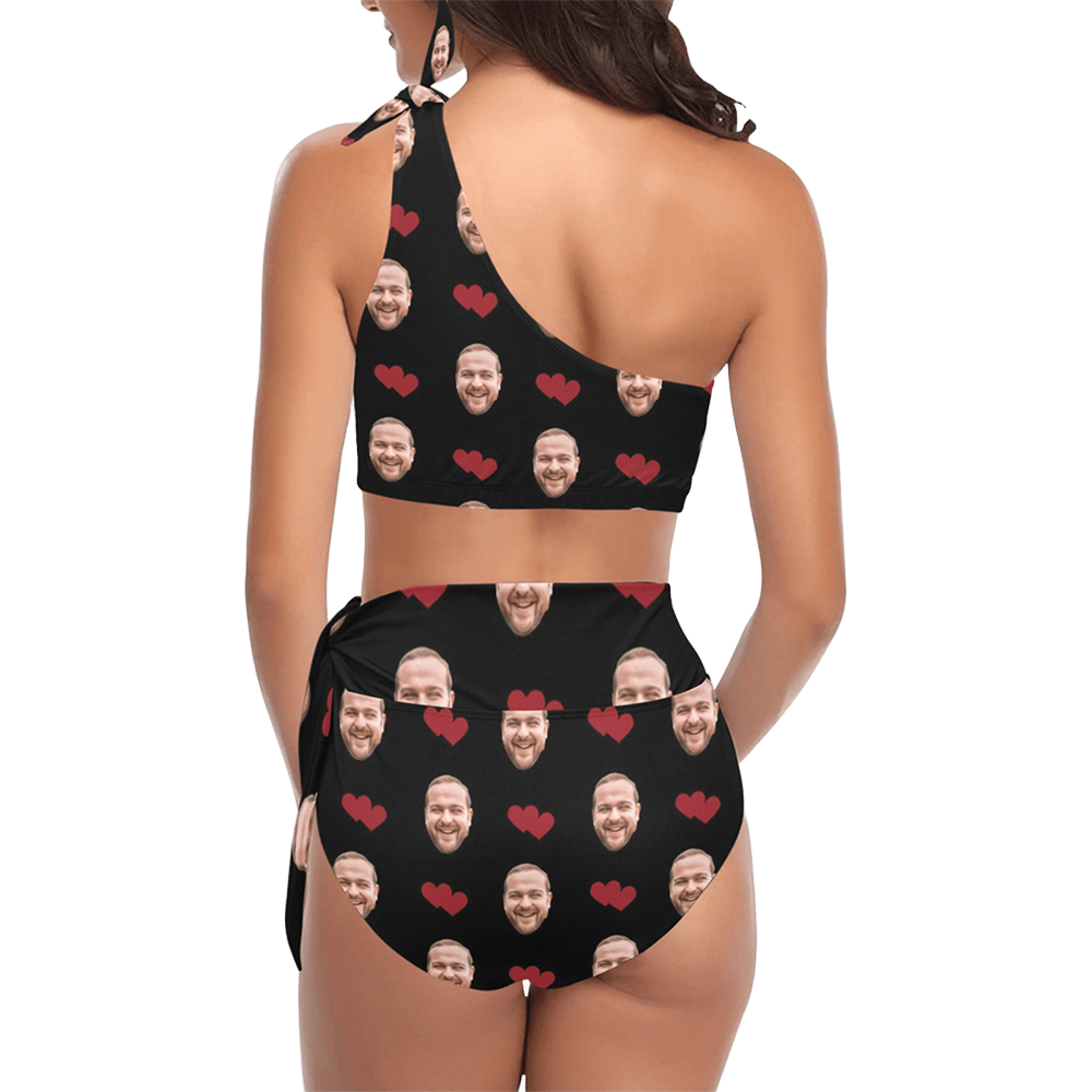 Custom Heart Face Black Swimsuit | Personalized Women's High Waisted One Shoulder Bikini Set For Bachelor Party