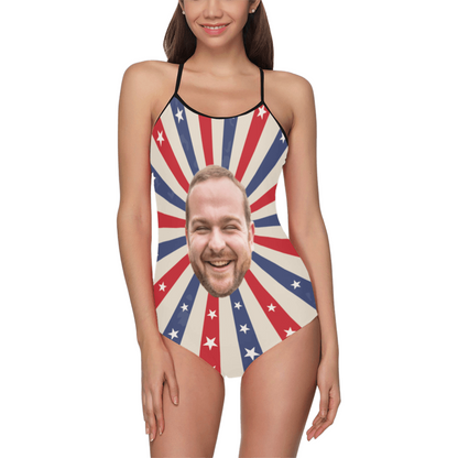 Custom Face Radiating National Flag Swimsuit | Unique Women's Slip One-Piece Swimwear For 4th Of July