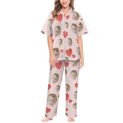 Custom Heart Multi-Color Pajamas | Personalized Women's V-Neck Pajama Set Christmas Gift