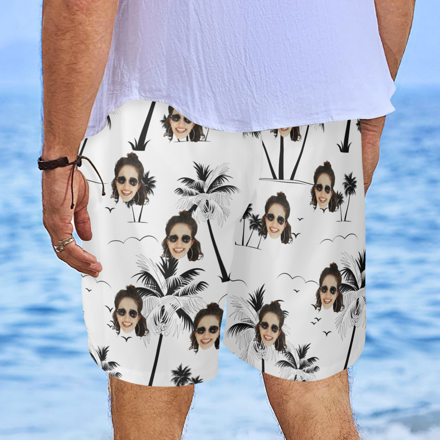 Custom Face Coconut Tree Beach Shorts | Personalized Photo Men's Elastic Swim Trunks For Traveling