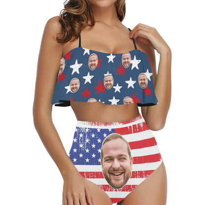 Custom Grunge American Flag Face Swimsuit | Unique Women's Two Piece High Waisted Ruffle Bikini Independence Day