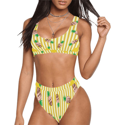 Custom Face Yellow Pineapple Swimsuit | Personalized Women's Scoop Neck Sport Top High Waisted Bikini For Cruise Trip