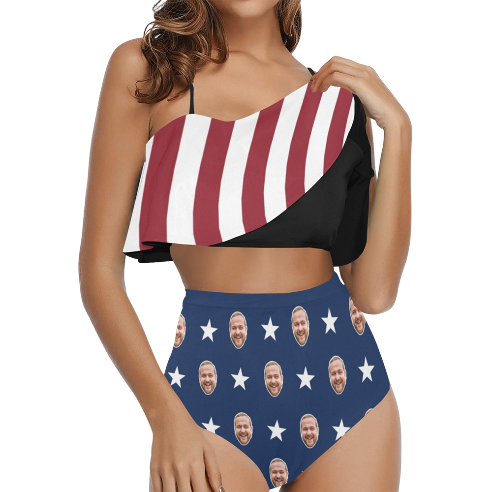 Custom USA Flag Face Swimsuit | Unique Women's Two Piece High Waisted Ruffle Bikini For July 4th Party