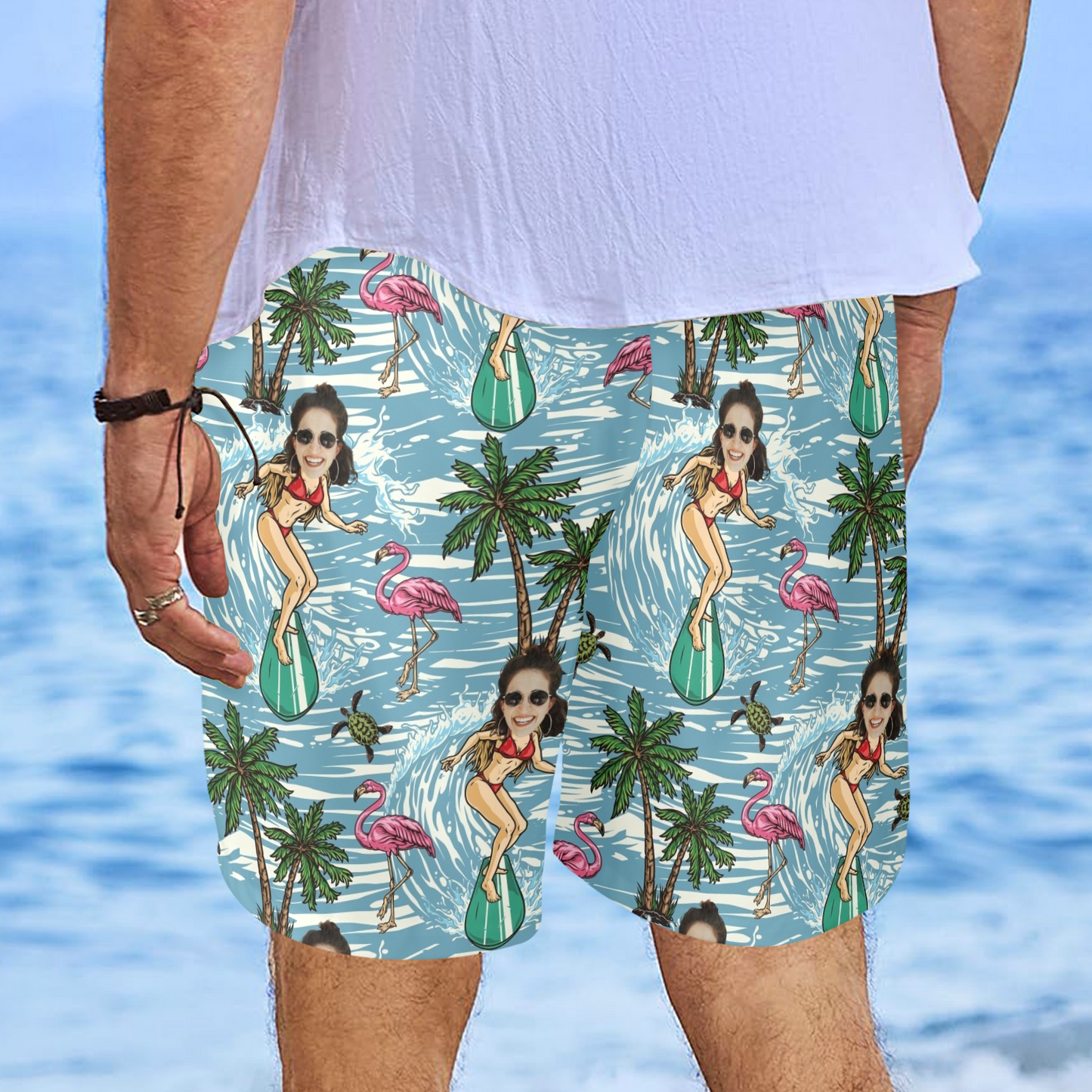 Custom Face Surfing Beach Shorts | Personalized Photo Men's Elastic Swim Trunks Prank Gift
