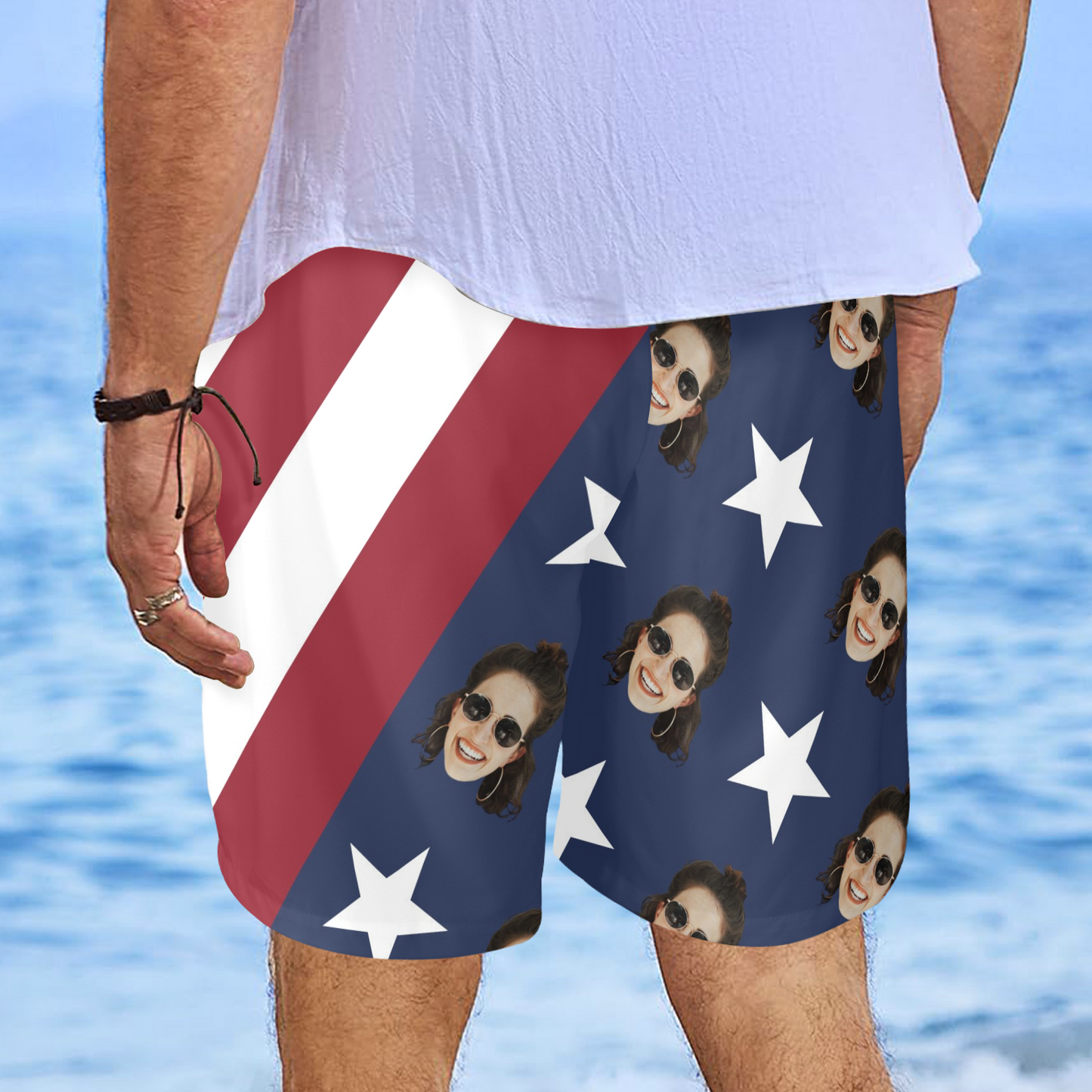 Custom Face USA Flag Beach Shorts | Personalized Photo Men's Elastic Swim Trunks For July 4th Party