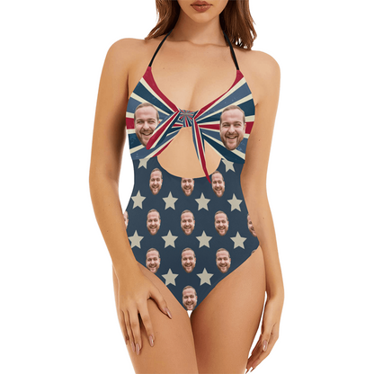 Custom Face Retro Flag Swimsuit | Personalized Women's Backless Bow One Piece Bathing Suit
